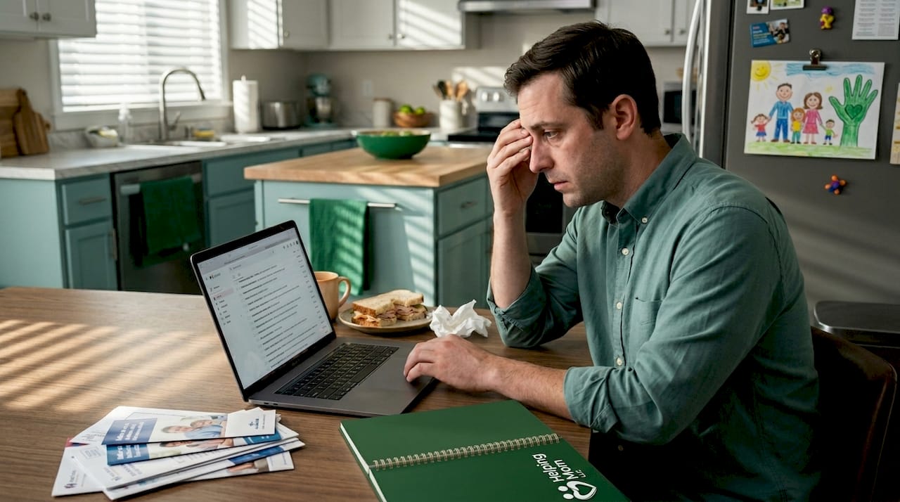 Adult son managing caregiver stress at kitchen table
