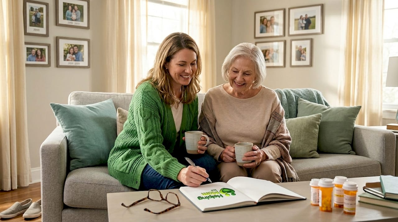 Adult daughter with elderly mother at home
