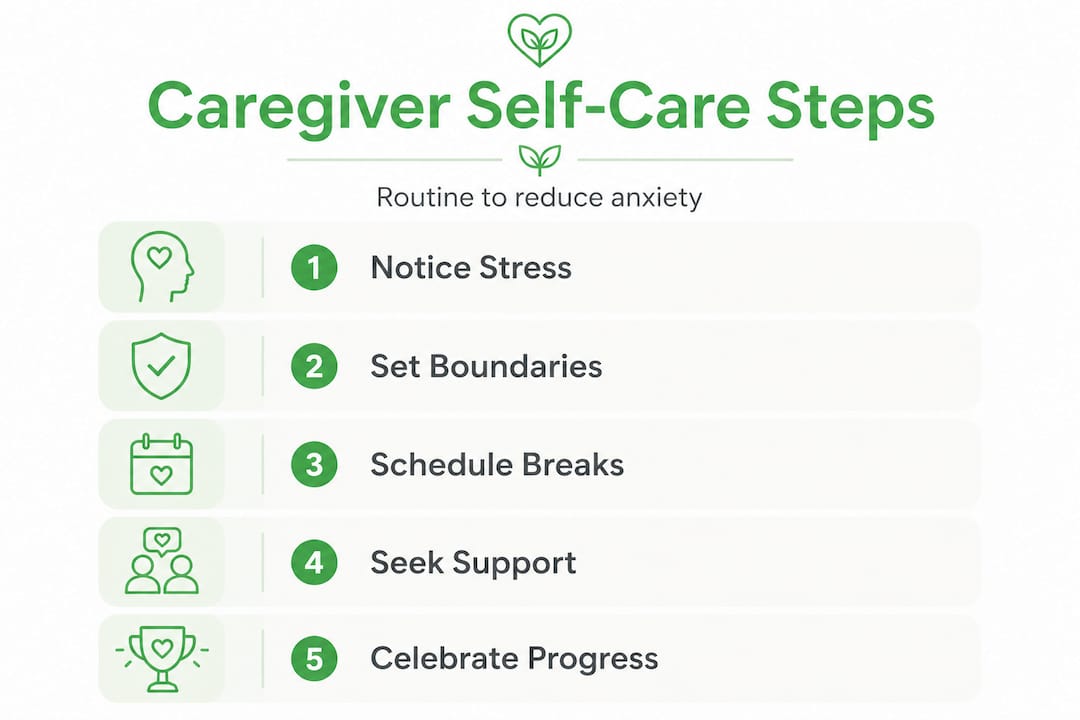 Infographic showing five self-care steps for caregivers