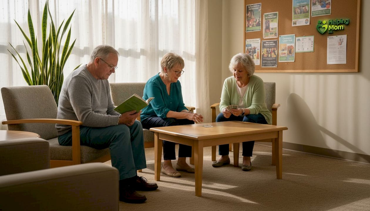 Elderly man reading in assisted living lounge