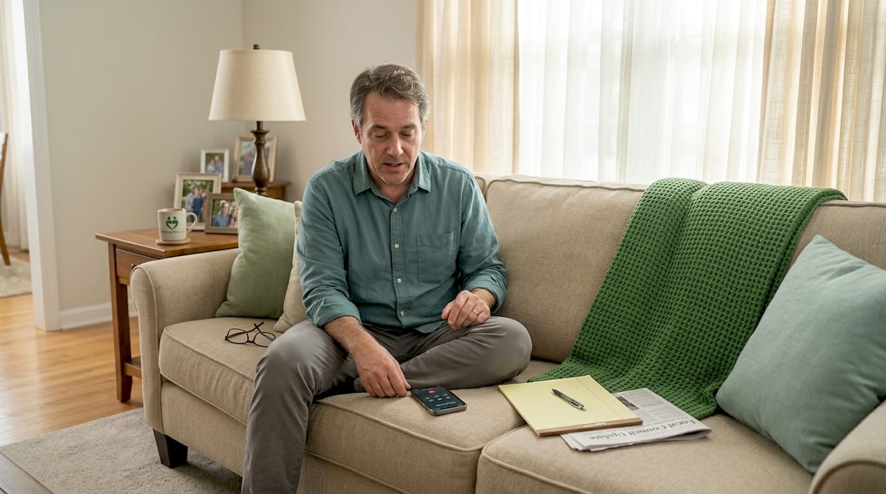 Caregiver making phone call in comfortable living room