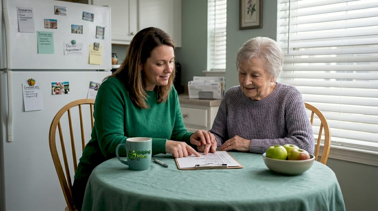 Adult daughter talking with elderly parent at kitchen table