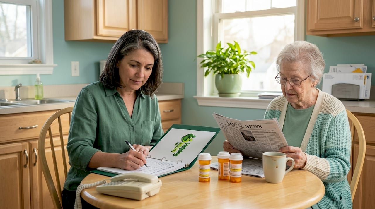 Family caregiver assisting elderly mother at kitchen table