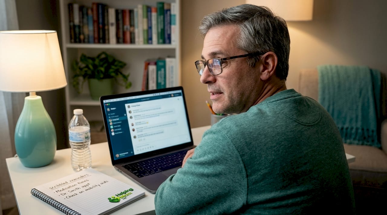 Caregiver attending online support group from living room