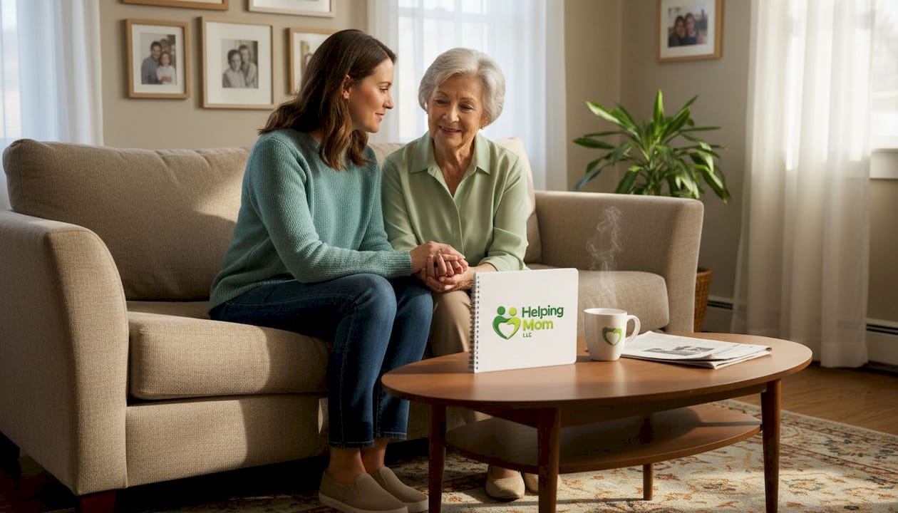 Daughter and elderly mother talking in cozy living room