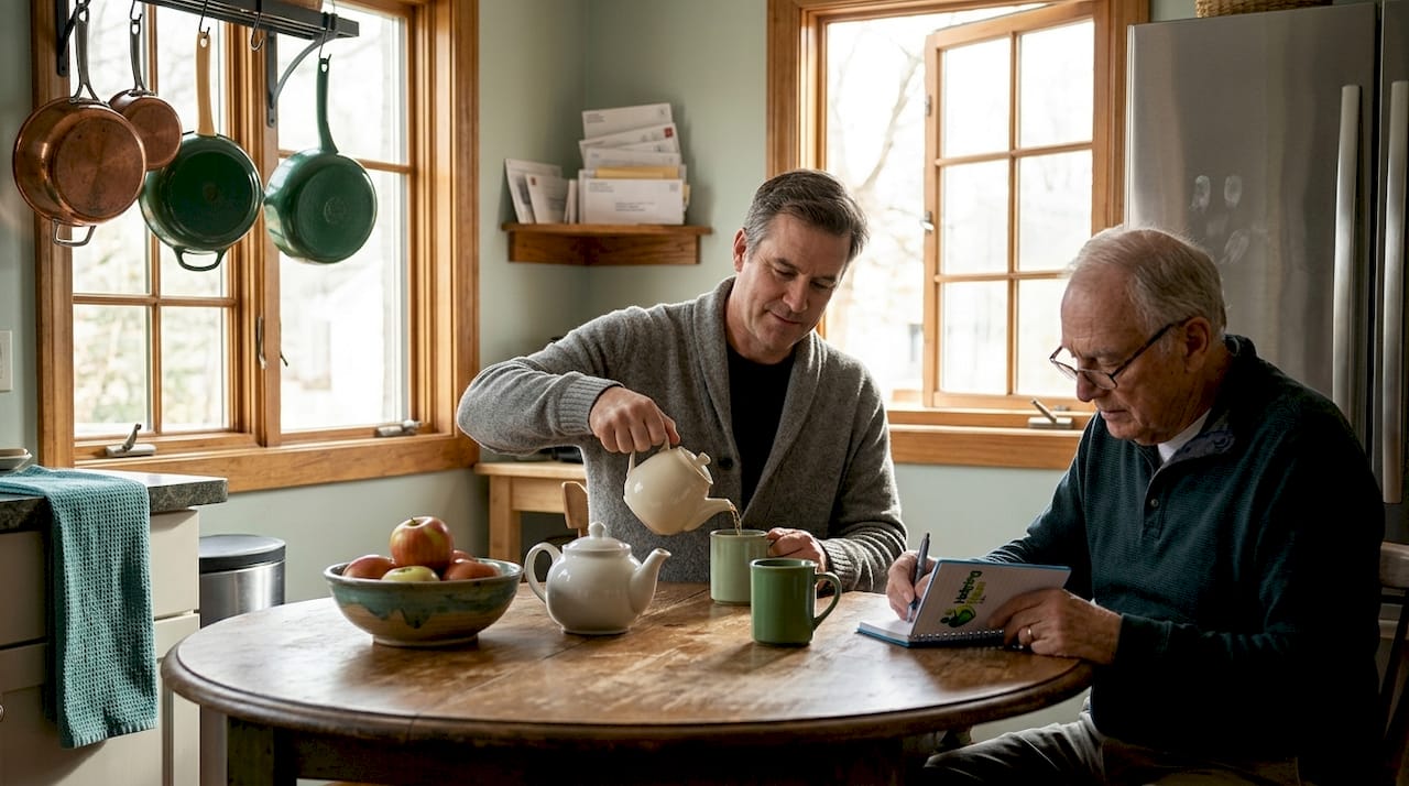Family member prepares for talk in kitchen