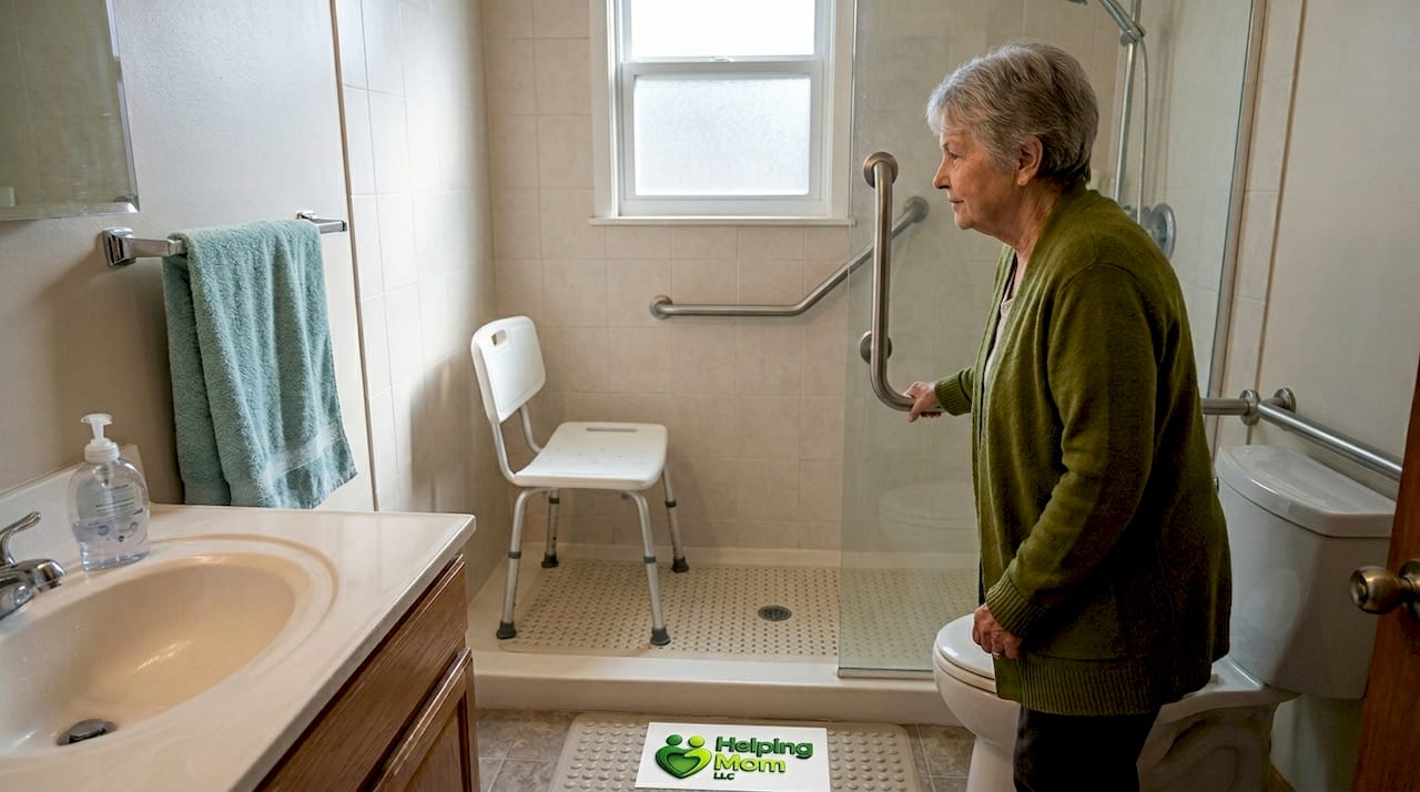 Bathroom with grab bars and shower chair for safety