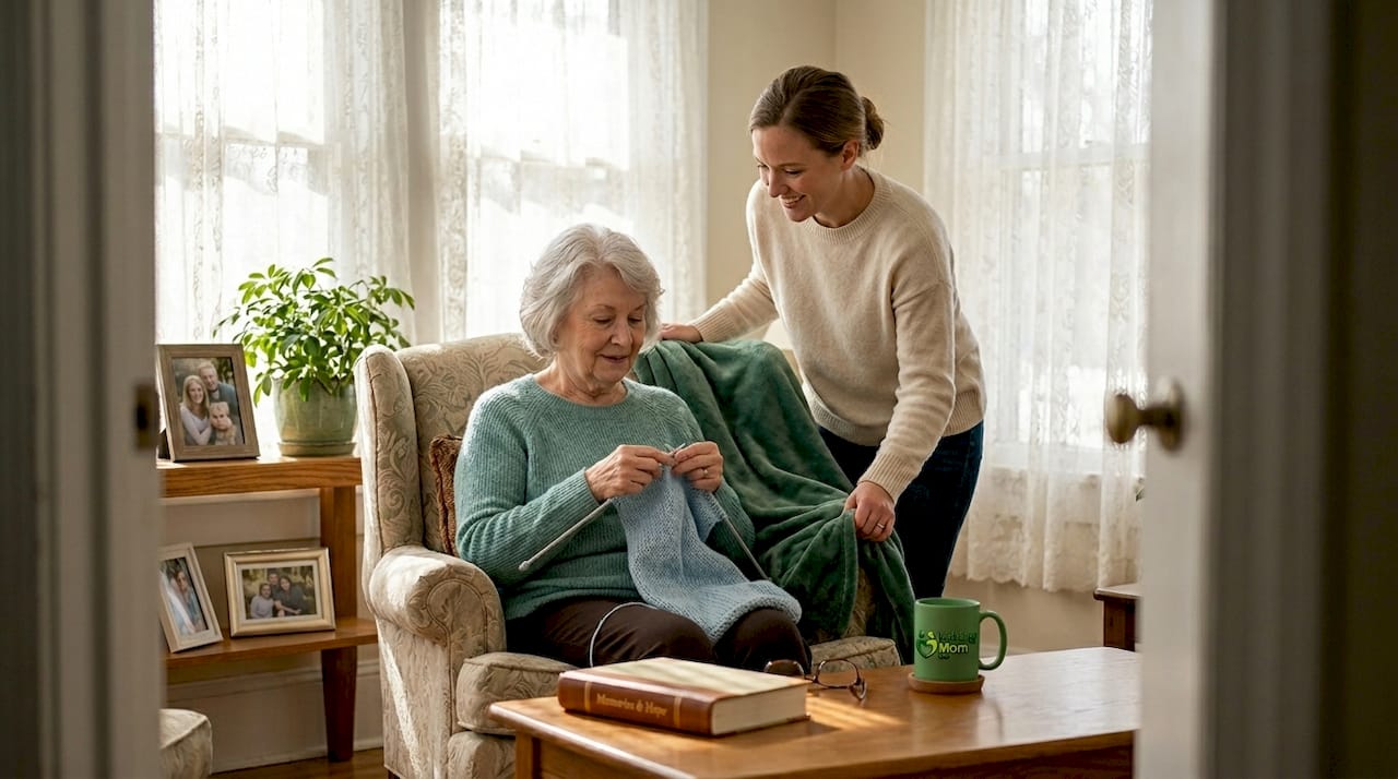 Senior woman knitting with attentive caregiver at home