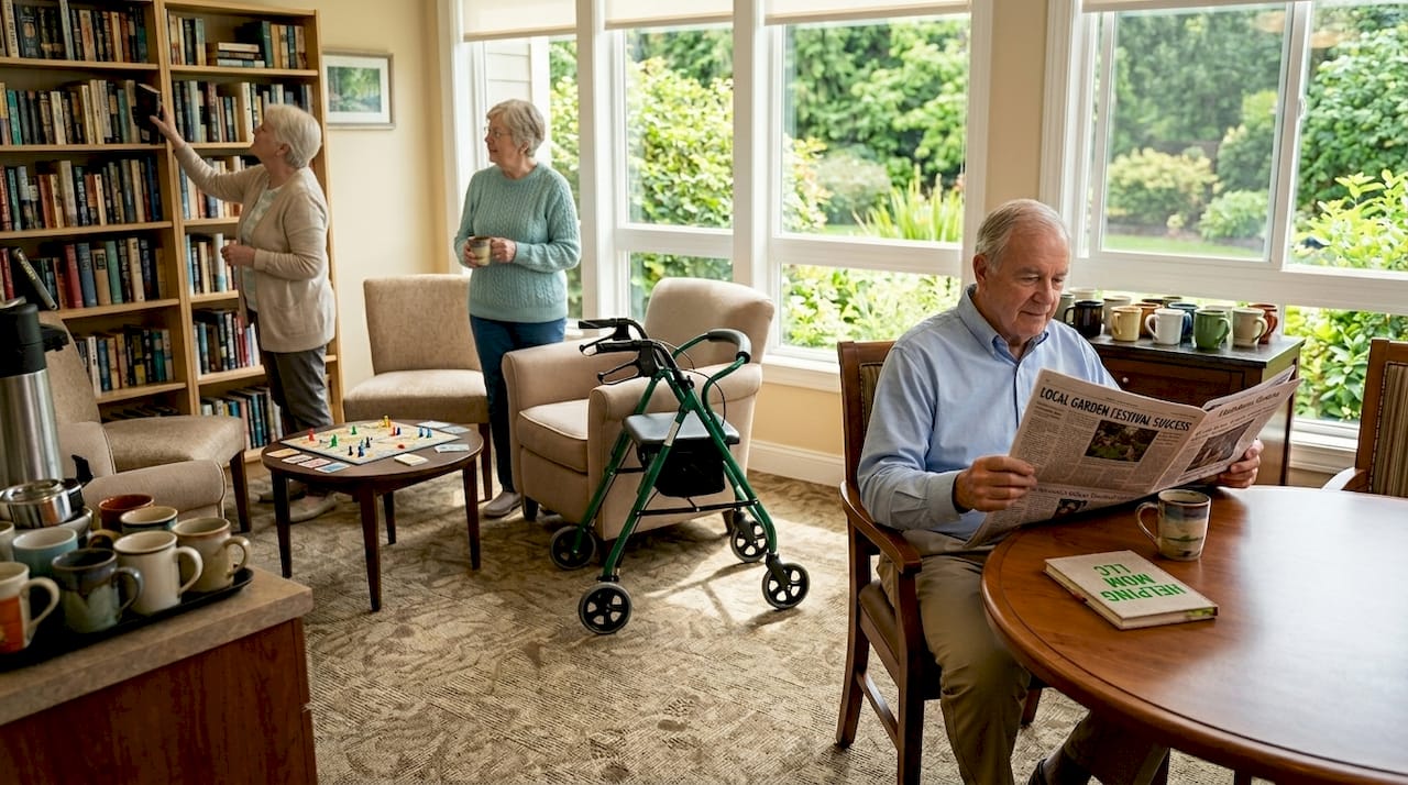 Seniors socializing in lively community lounge
