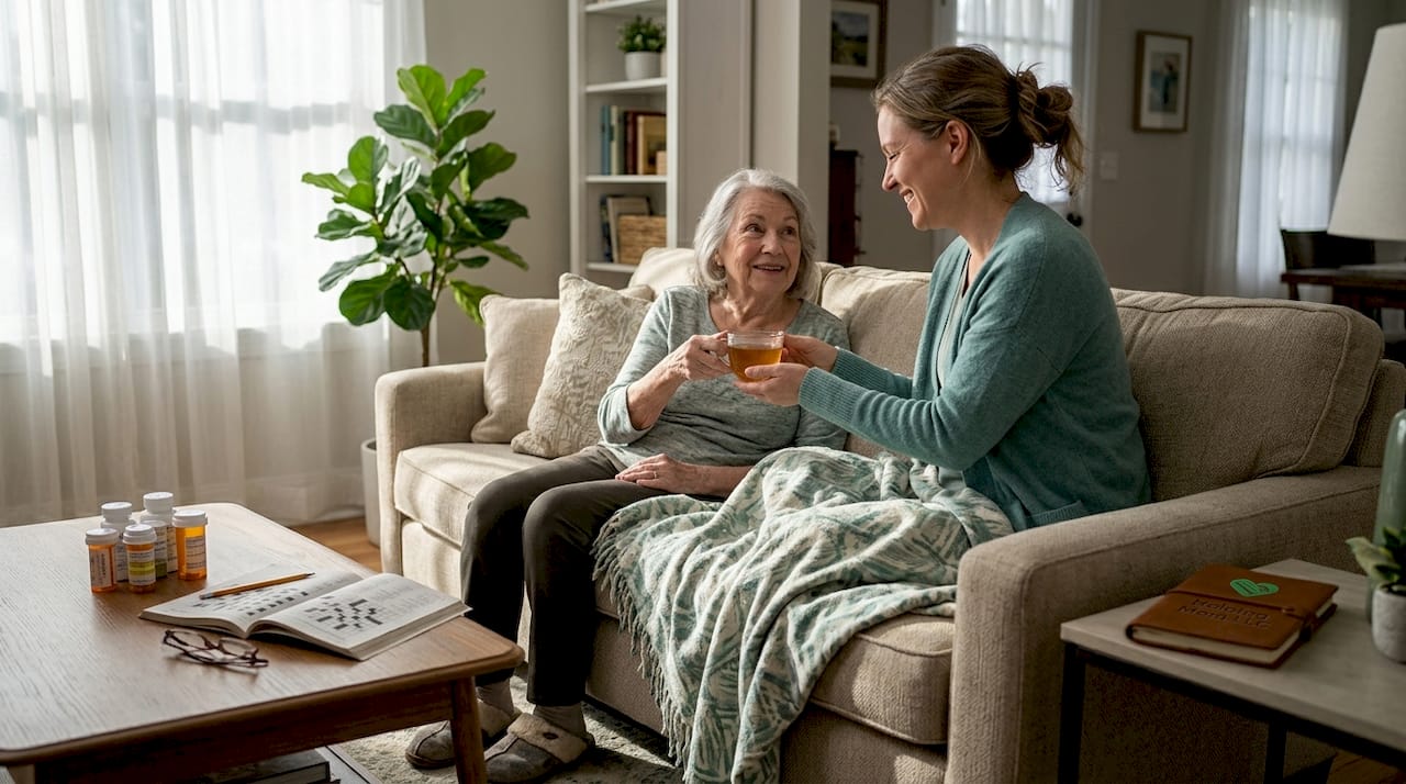 Older woman and adult daughter talk in sunlit living room
