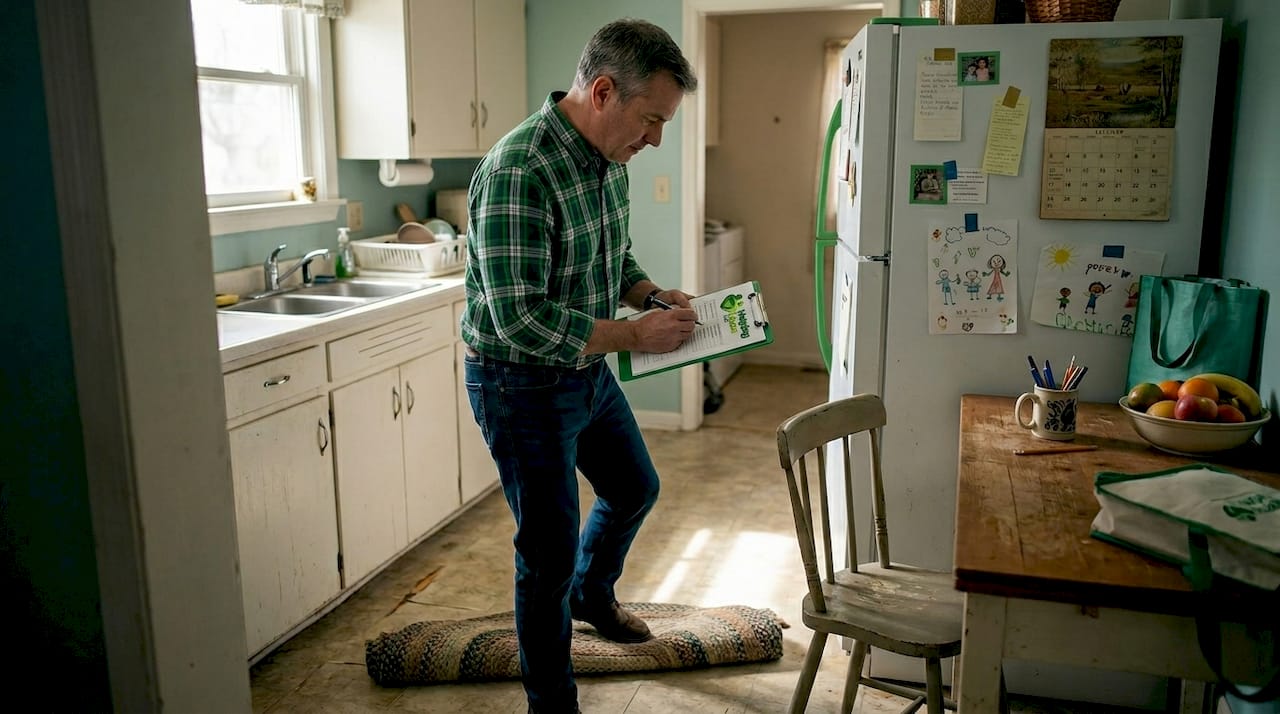 Man reviewing home safety checklist in kitchen