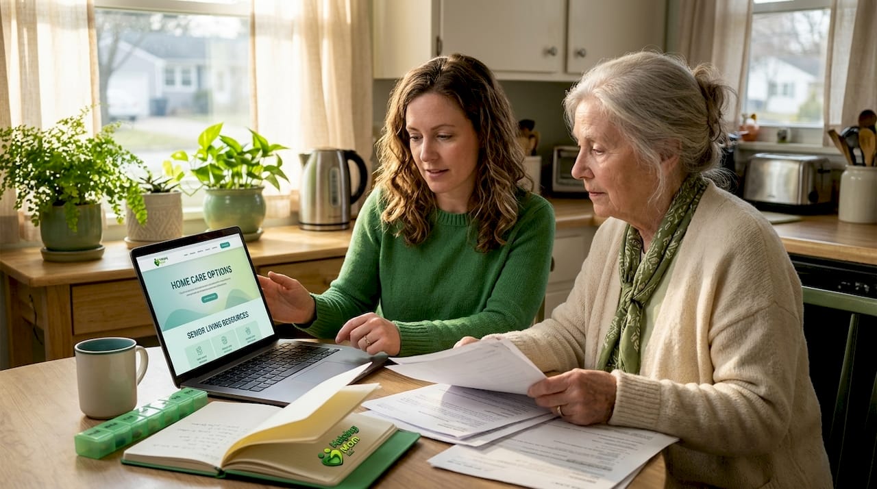 Family reviewing care planning documents at kitchen table
