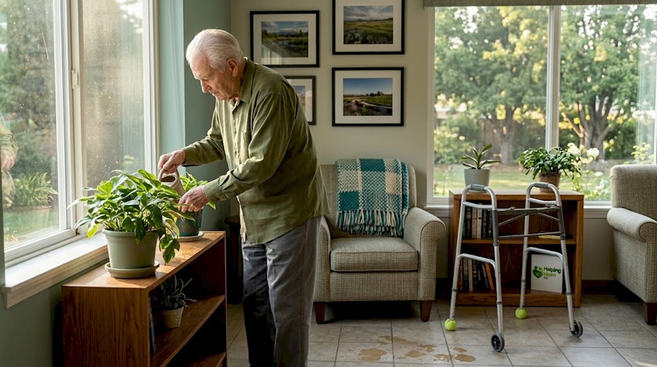 Resident tending plant in assisted living common area