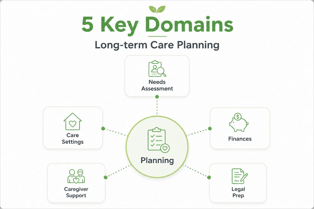 Infographic of five domains in long-term care planning