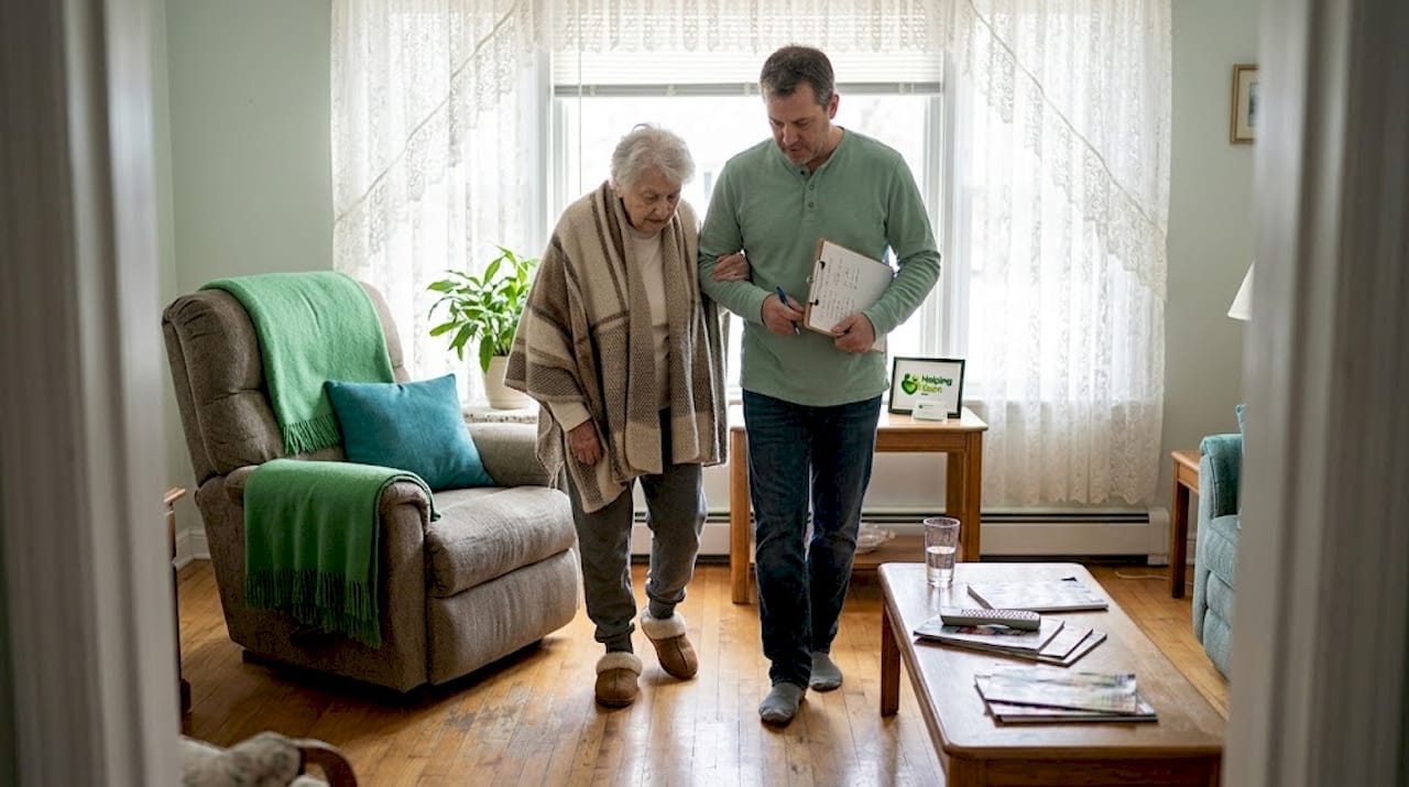 Caregiver and senior reviewing living room for safety