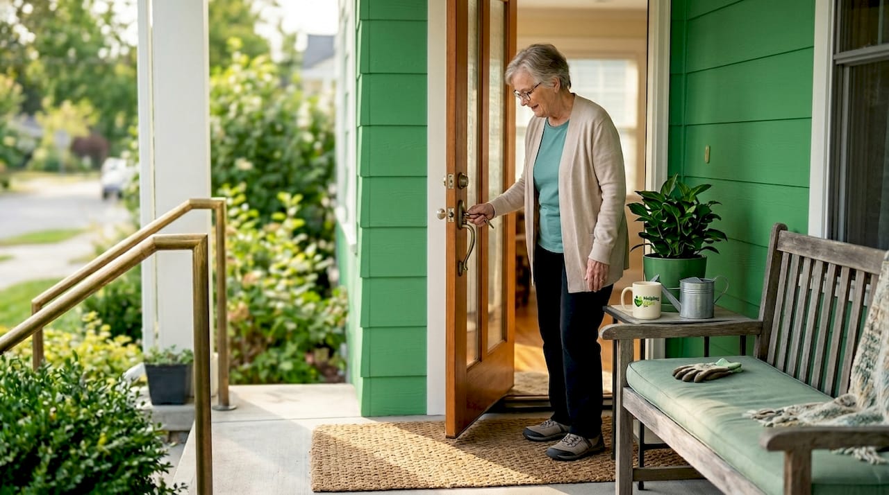 Senior entering home safely with morning light