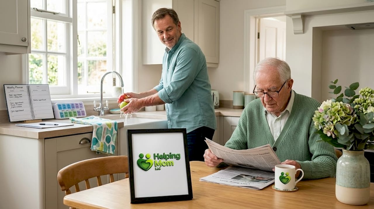 Son assists elderly father with daily kitchen routine