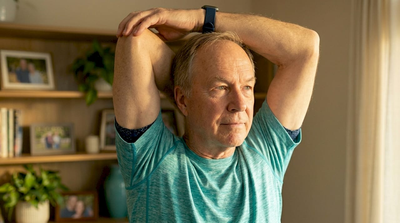 Older man walking hallway for home exercise routine