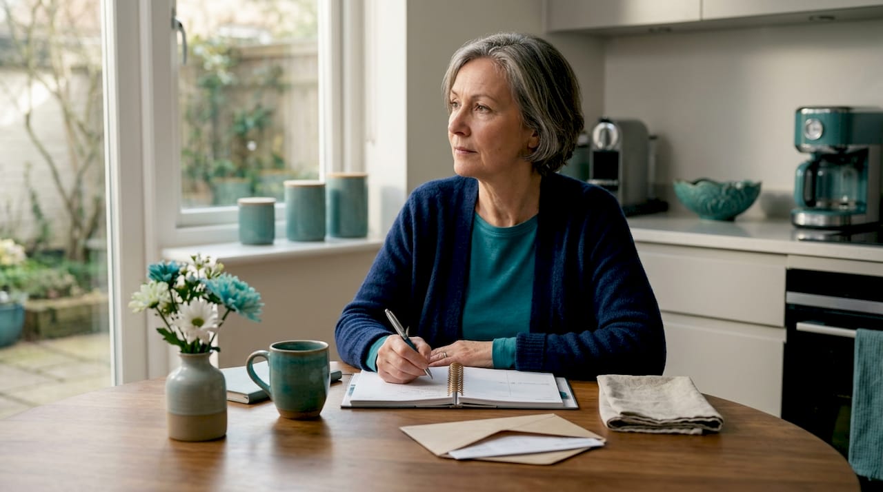 Older woman at kitchen table planning day