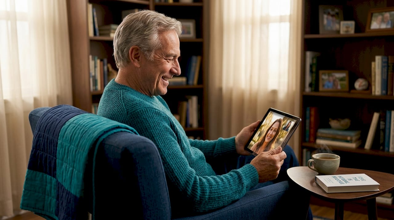 Older man video calling friend at home