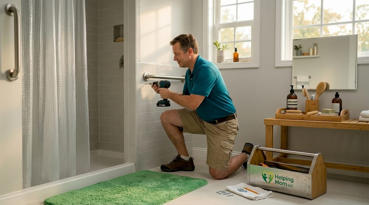 Handyman installing shower grab bar for safety