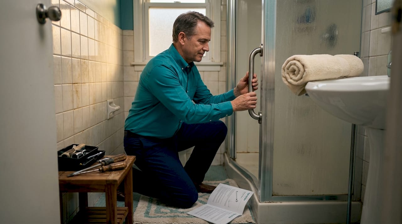 Man installing grab bar in bathroom