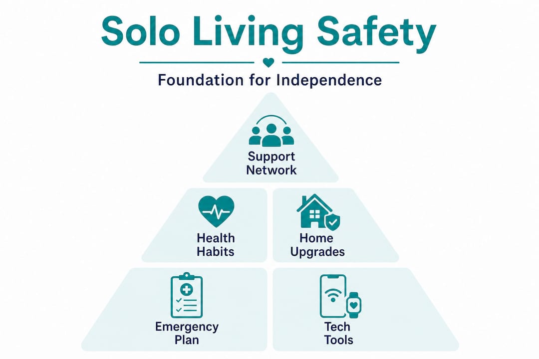 Hierarchy infographic showing solo aging safety layers
