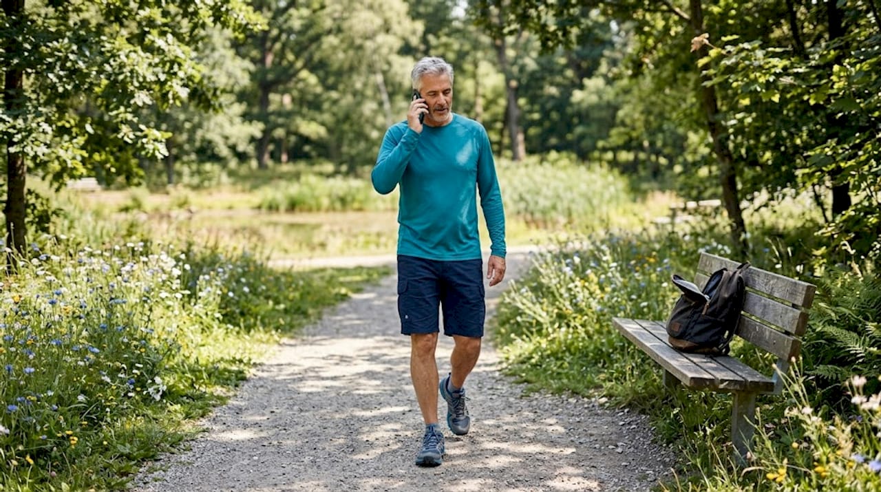 Older man walking in park on phone