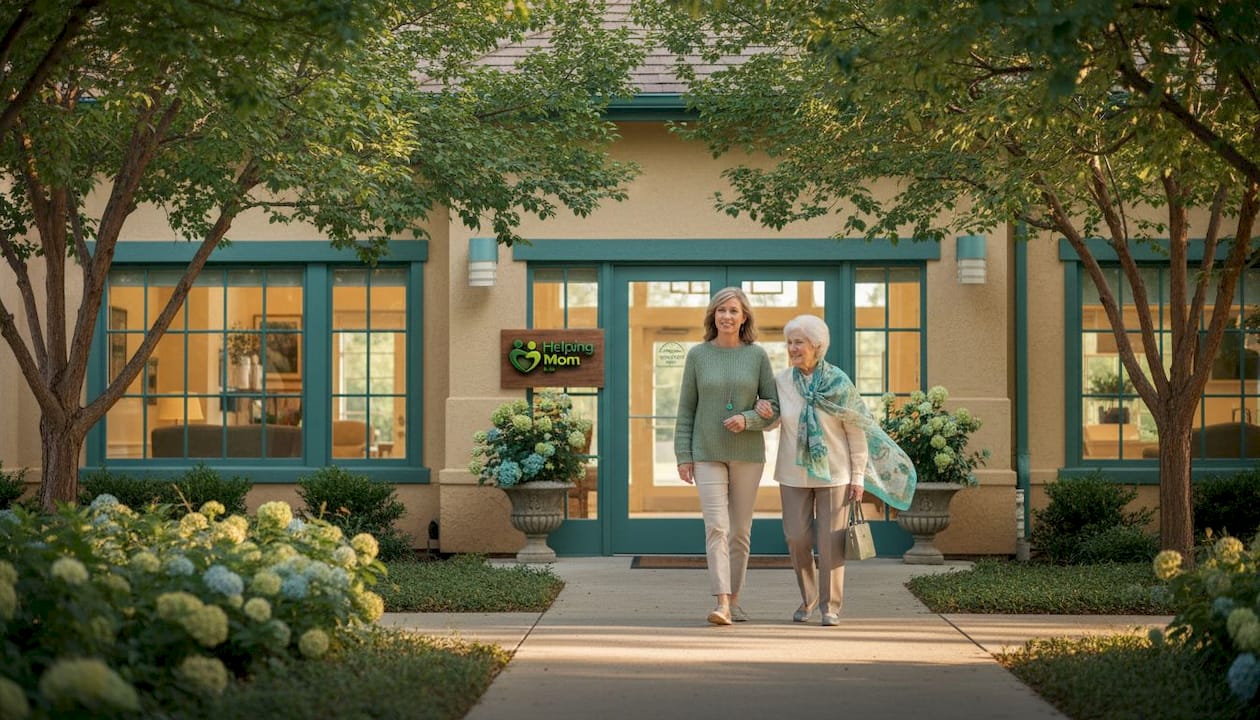 Family approaching memory care facility entrance