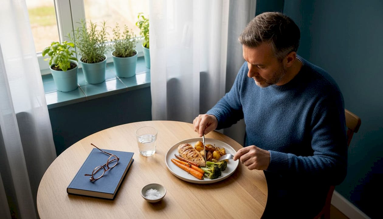Older man eating solo dinner at home