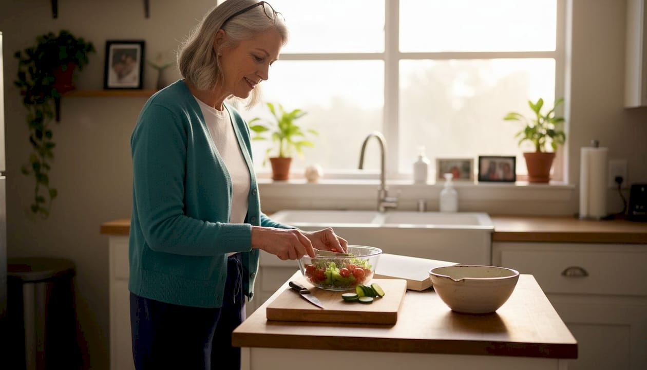 Older woman preparing salad in home kitchen
