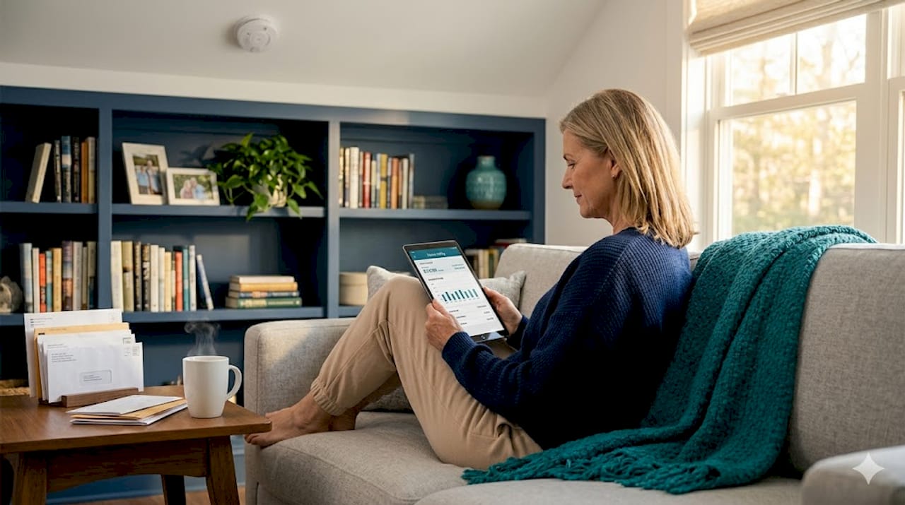 Senior woman checks home utility safety on tablet
