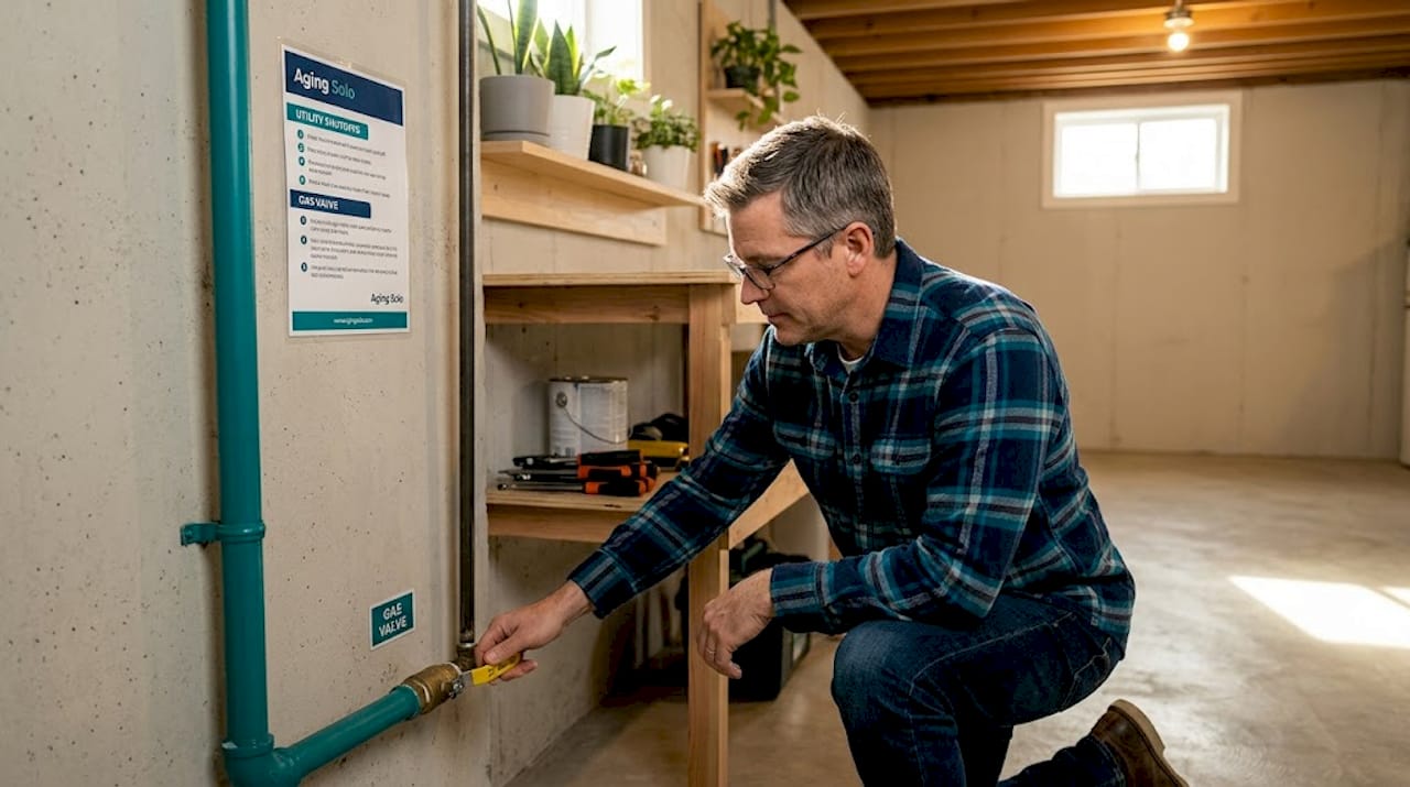 Man checks gas shutoff valve by furnace