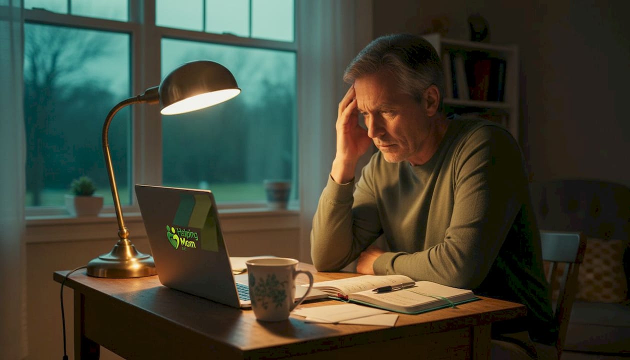 Caregiver fatigued at home office desk in evening