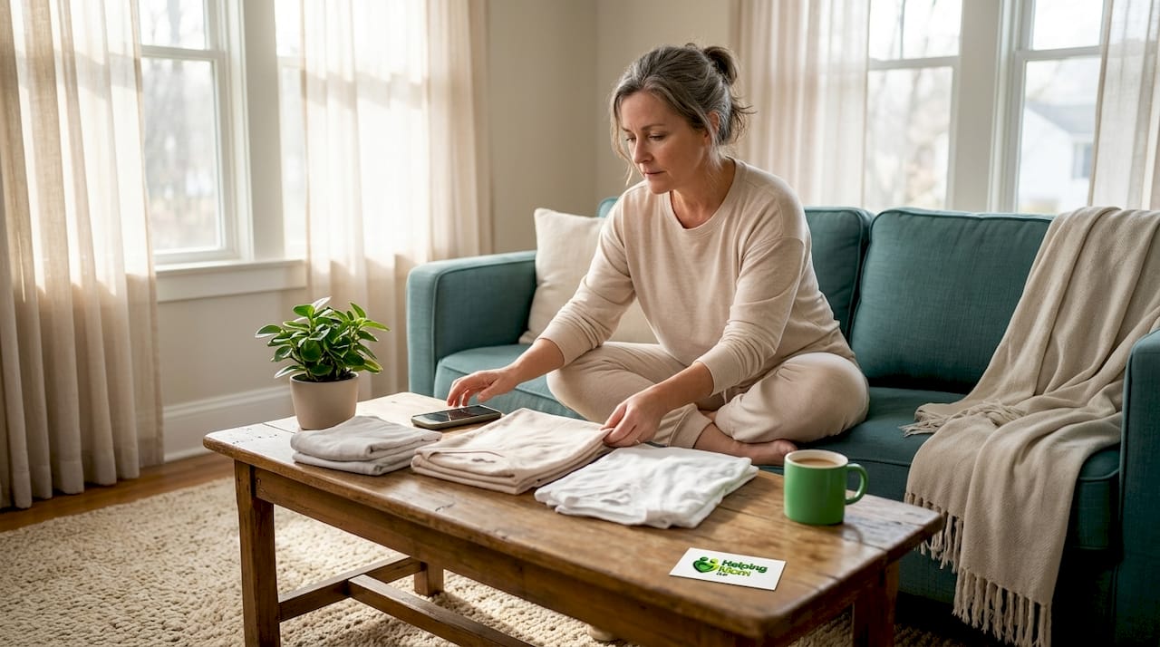 Caregiver folding laundry in sunlit living room
