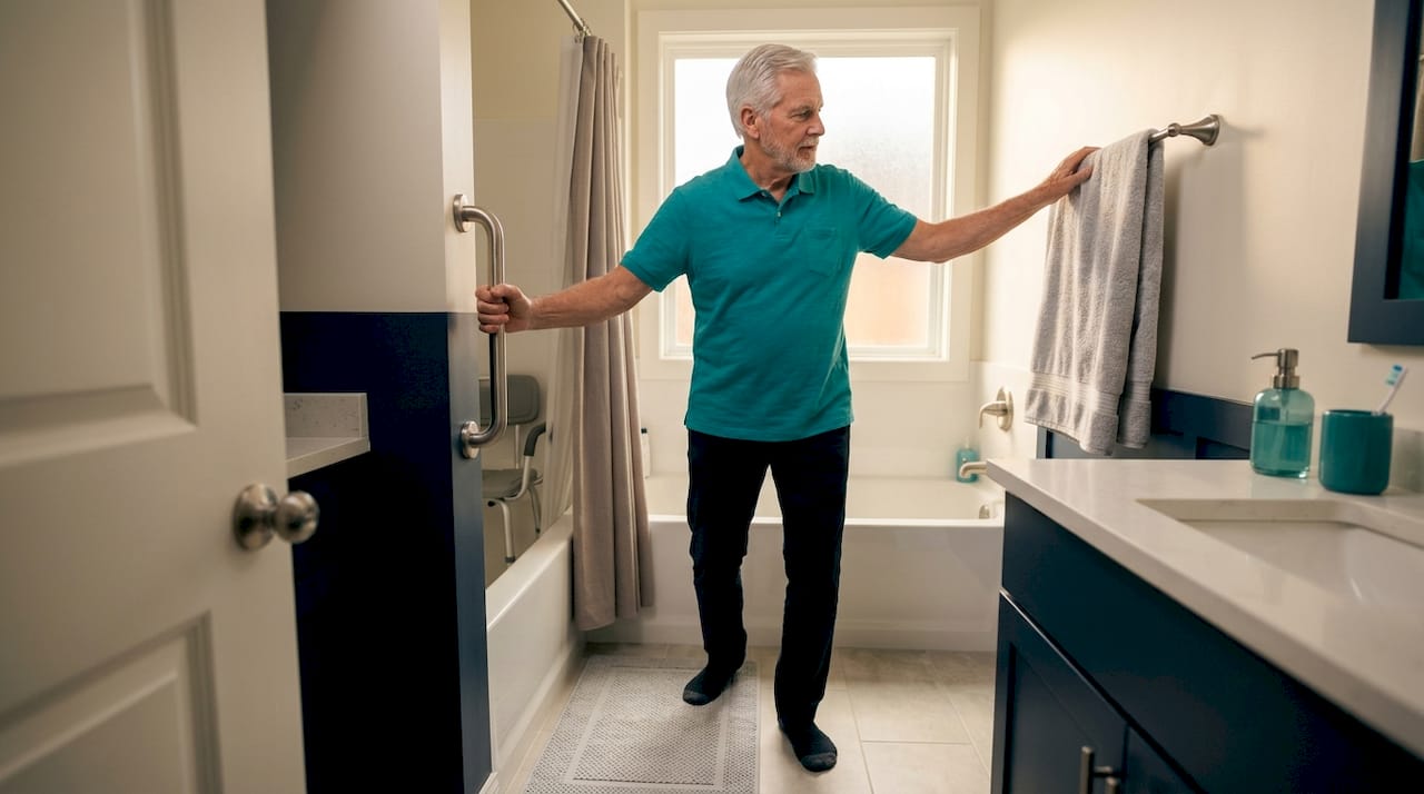 Elderly man using grab bar in safe bathroom