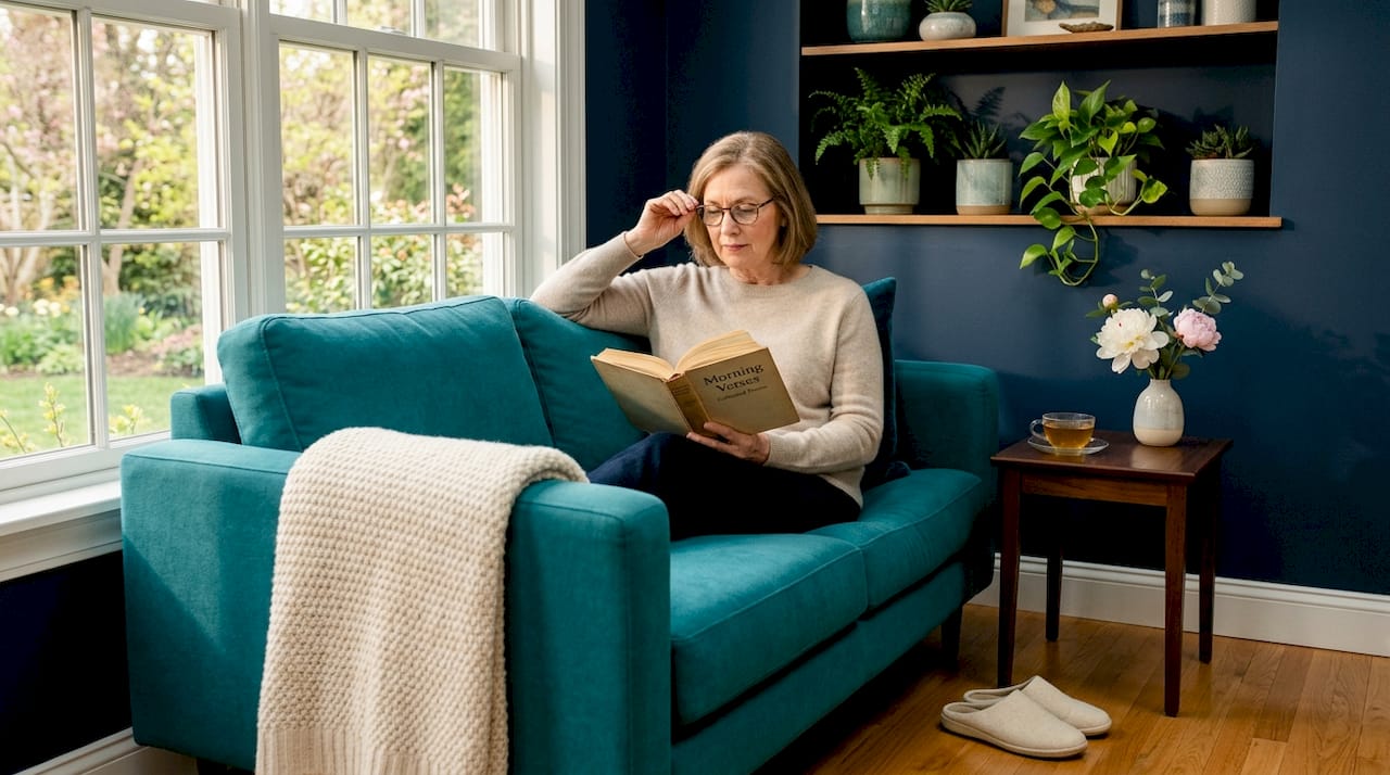Older woman safely relaxing in bright living room