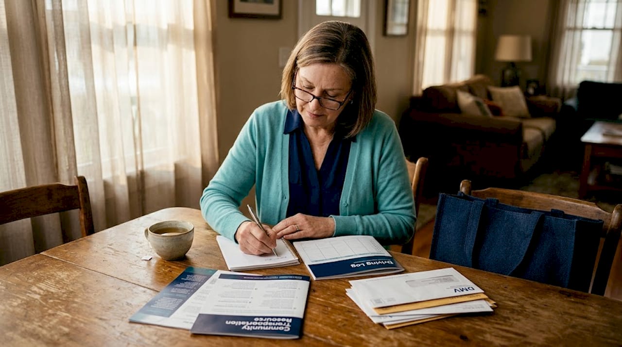 Older woman writing driving plan at home table