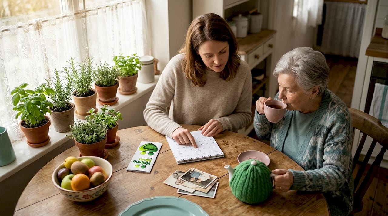 Adult daughter reviews caregiving schedule with mother