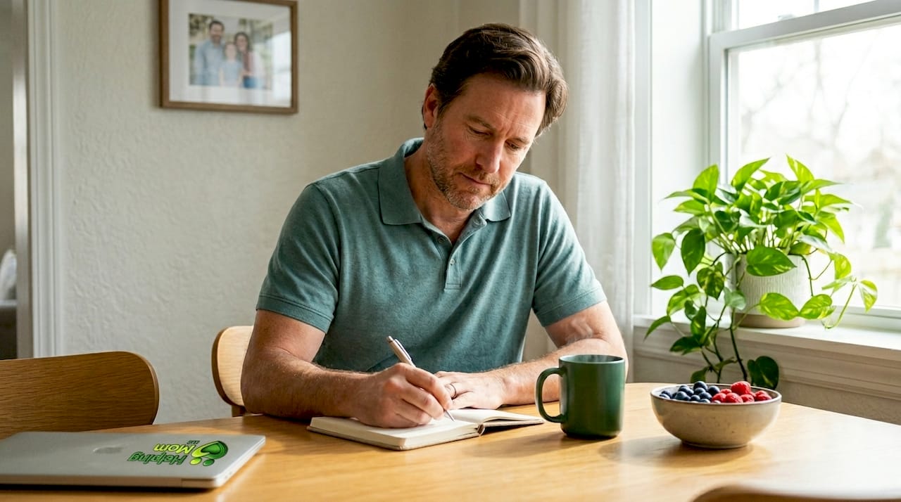 Caregiver sets weekly self-care routine at home table