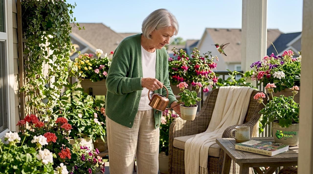 Older woman caring for plant alone at home