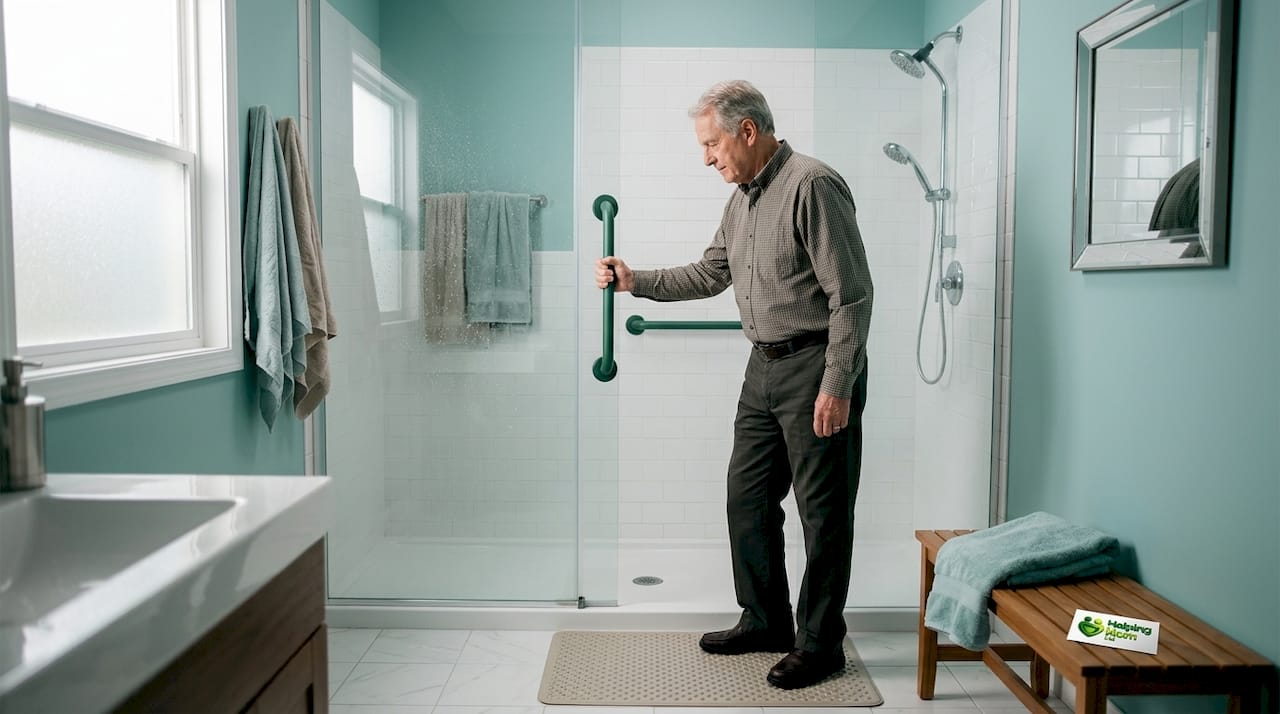 Senior testing bathroom safety grab bar