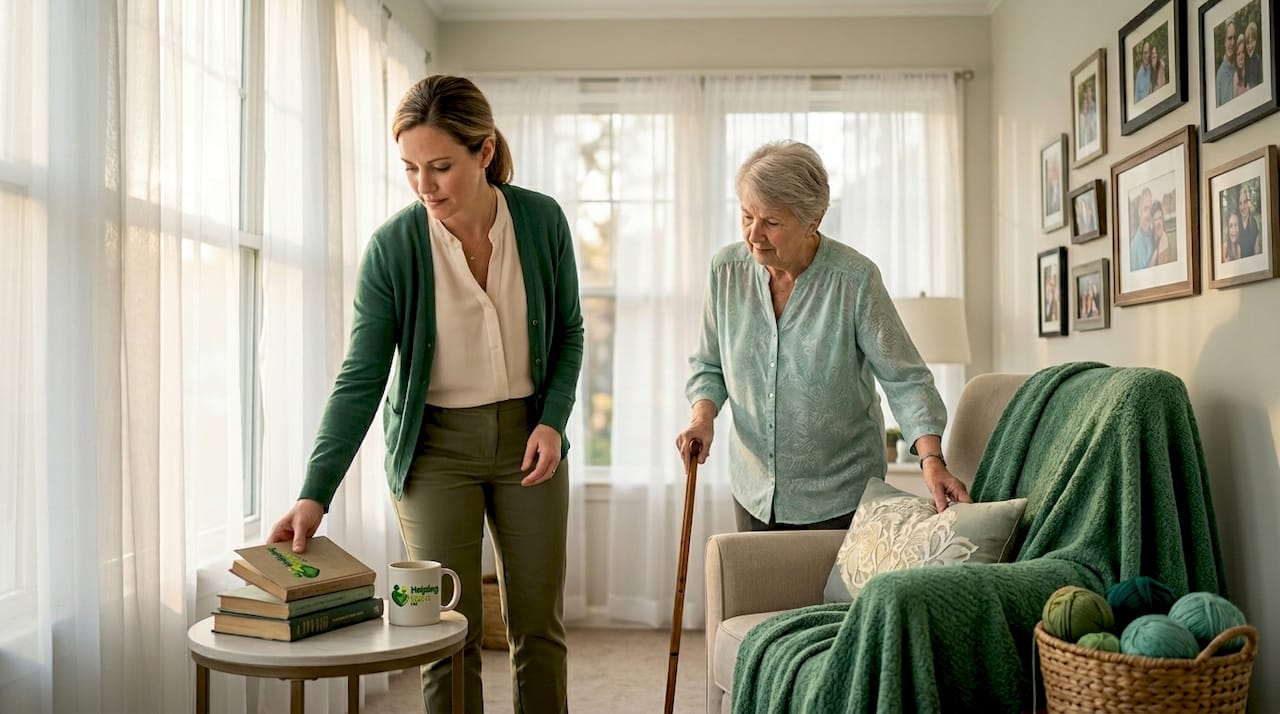 Adult daughter assisting elderly parent at home