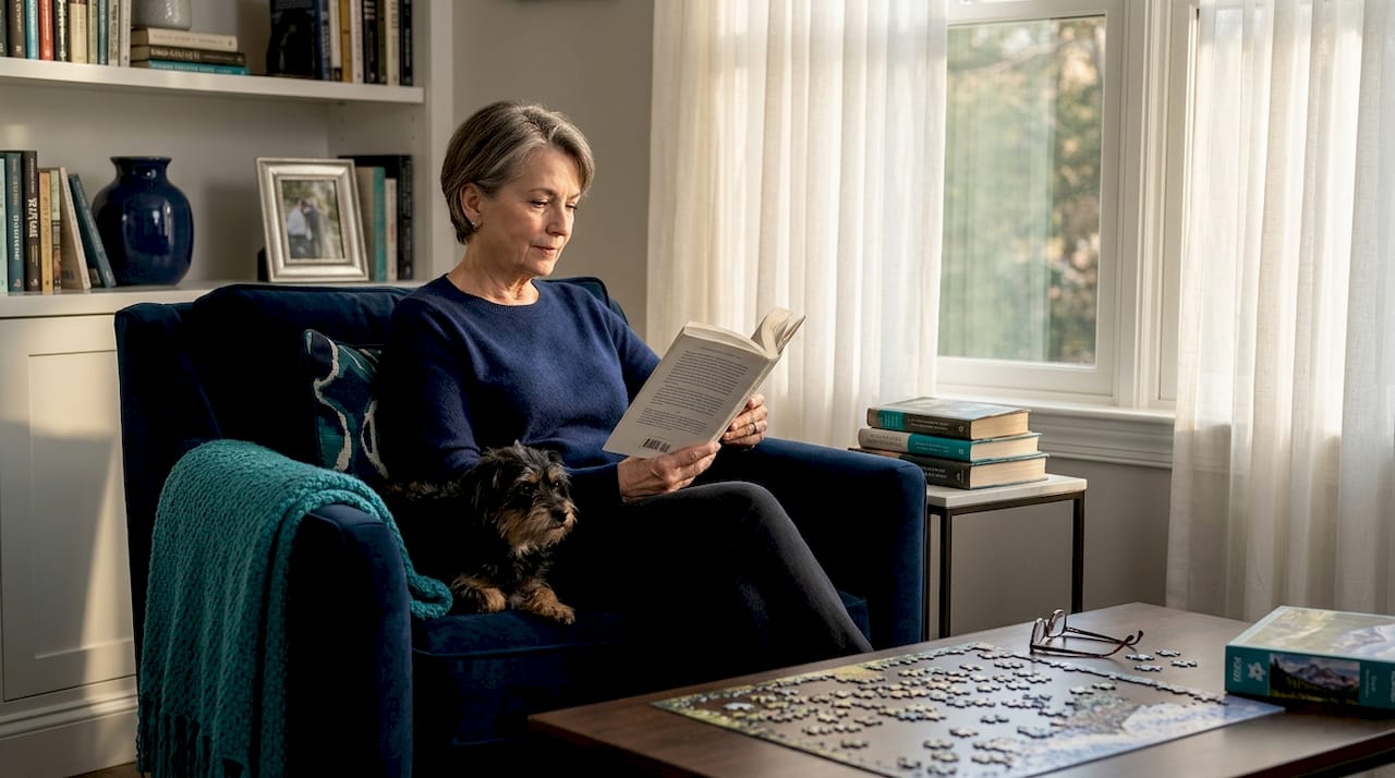 Solo older woman reading with dog at home