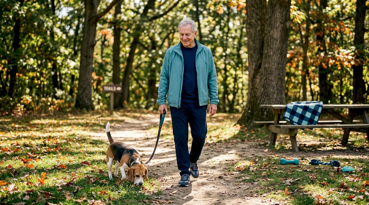 Older man walking dog in neighborhood park