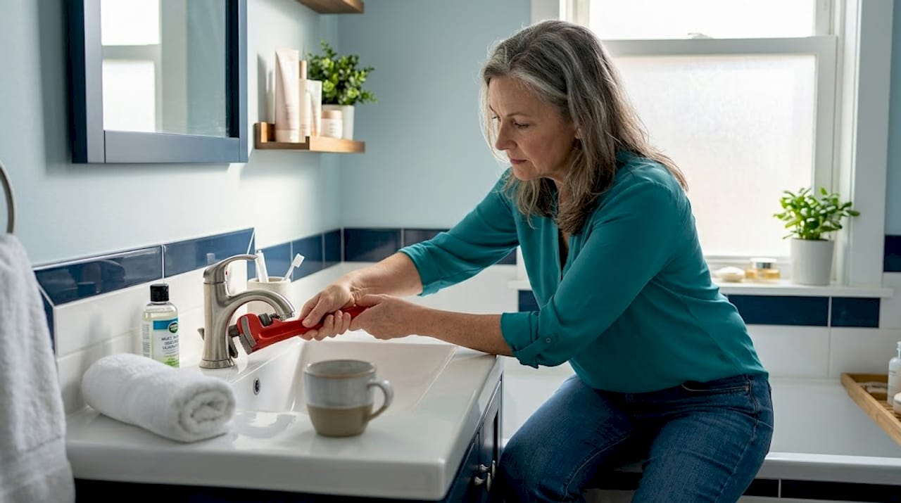 Solo woman repairing faucet in her kitchen