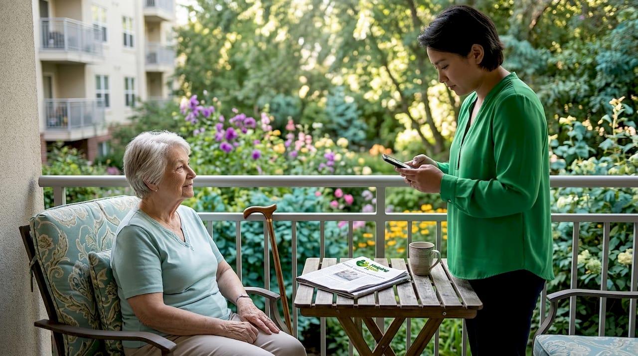 Caregiver and senior waiting for ride