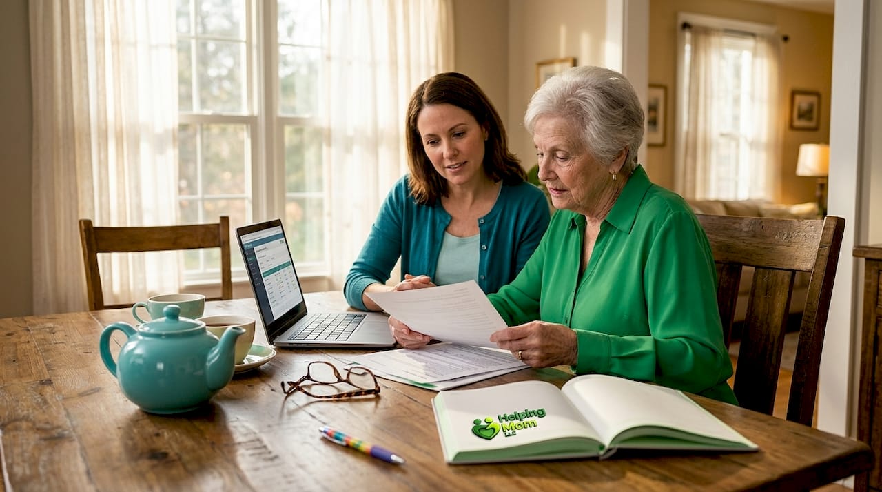 Mother and daughter reviewing finances at kitchen table