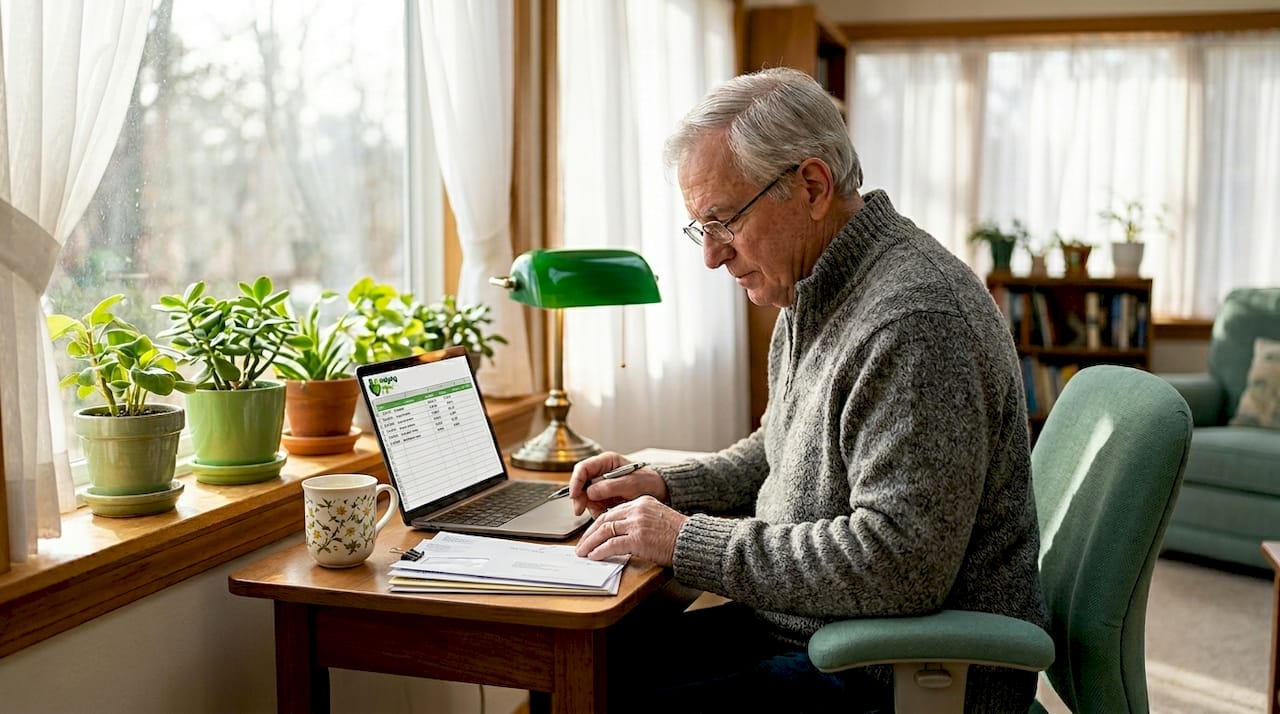 Senior man budgeting at home office desk