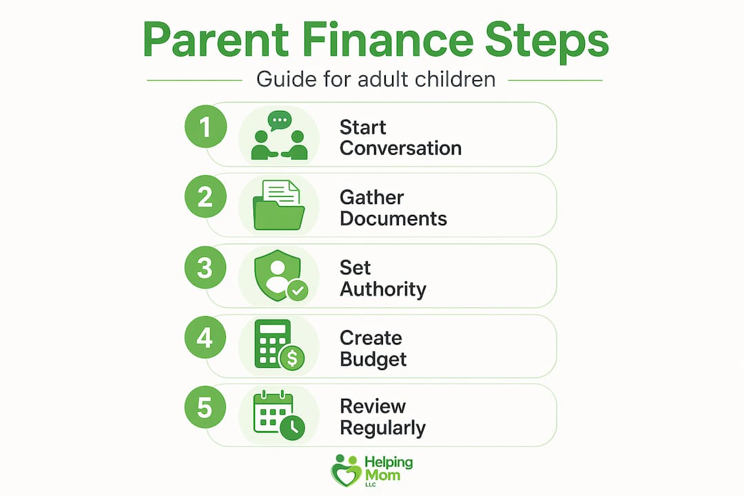 Infographic listing steps in managing parent finances